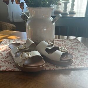 White Slide Sandals with Gold Buckles